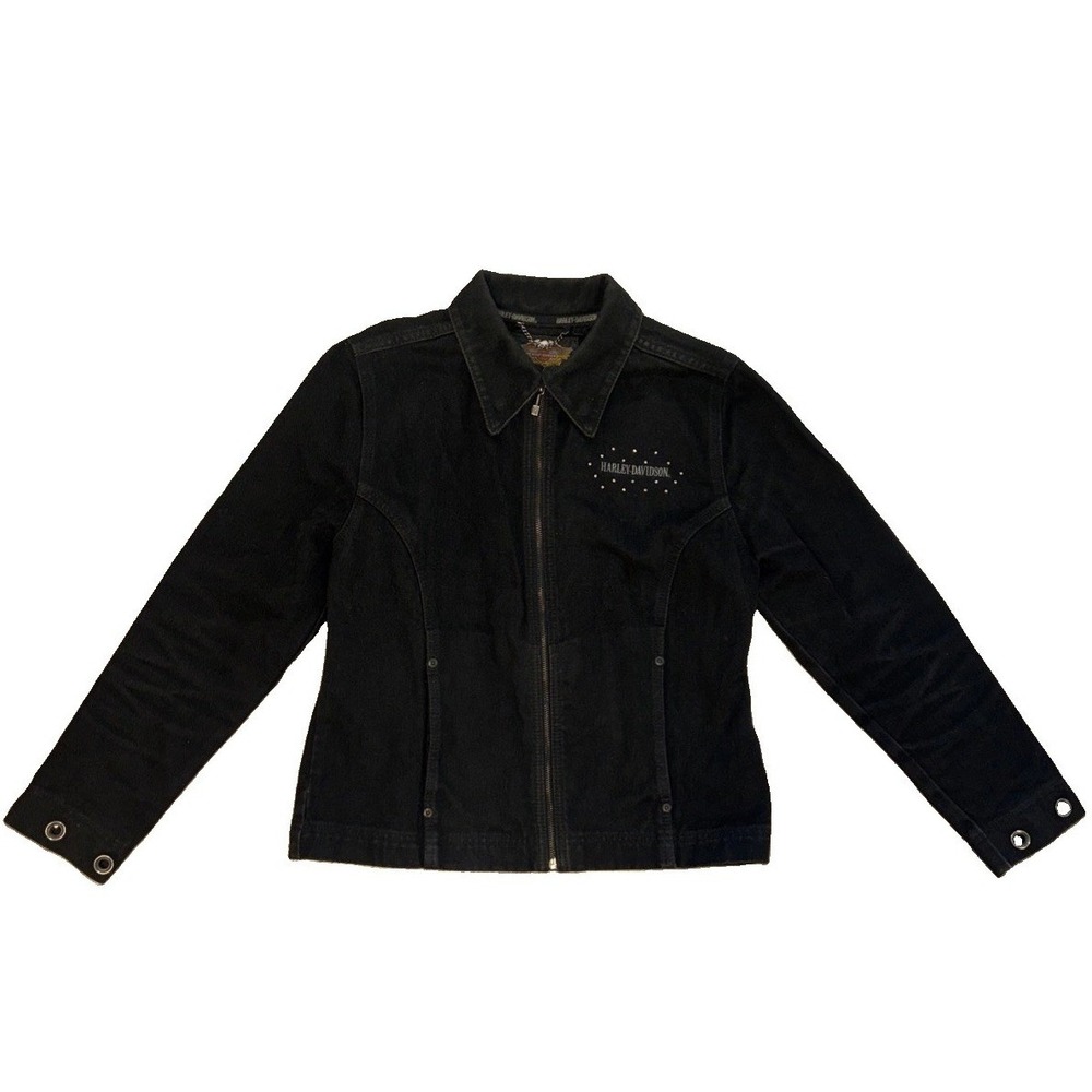 Harley Davidson Jacket Womens Size Small Black Denim Rhinestones Zip-up VTG Y2K